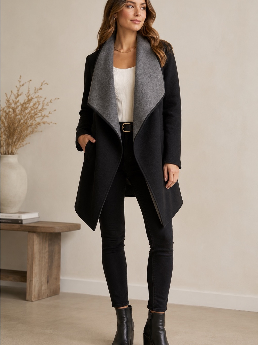 Michael Kors Wool Blend Waterfall Coatigan XS Black Gray Draped Shawl Collar